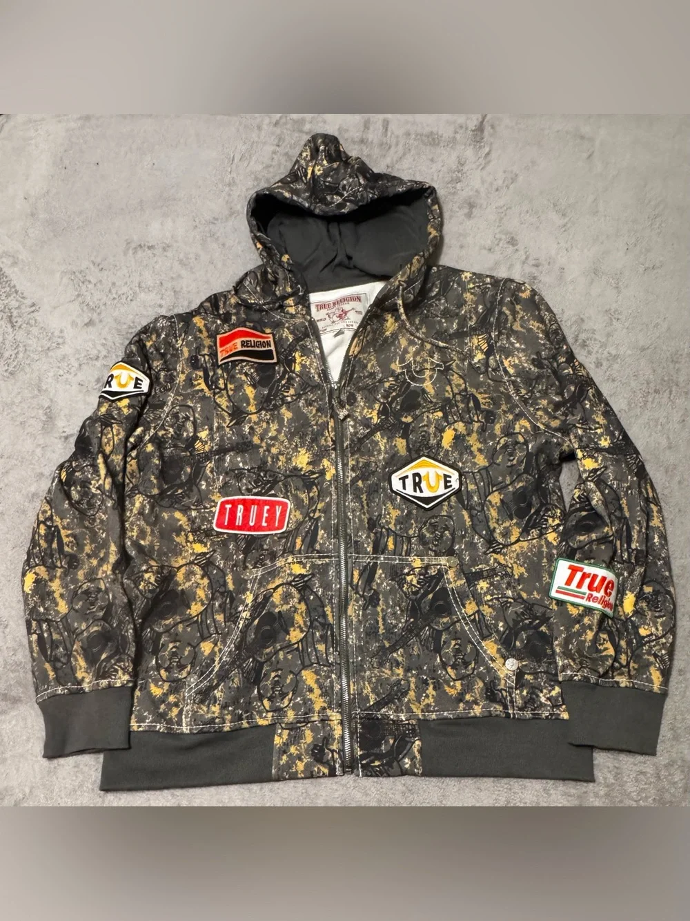 True Religion Big T Buddha Camo Full Zip Hoodie Big Logo With Patches XXL